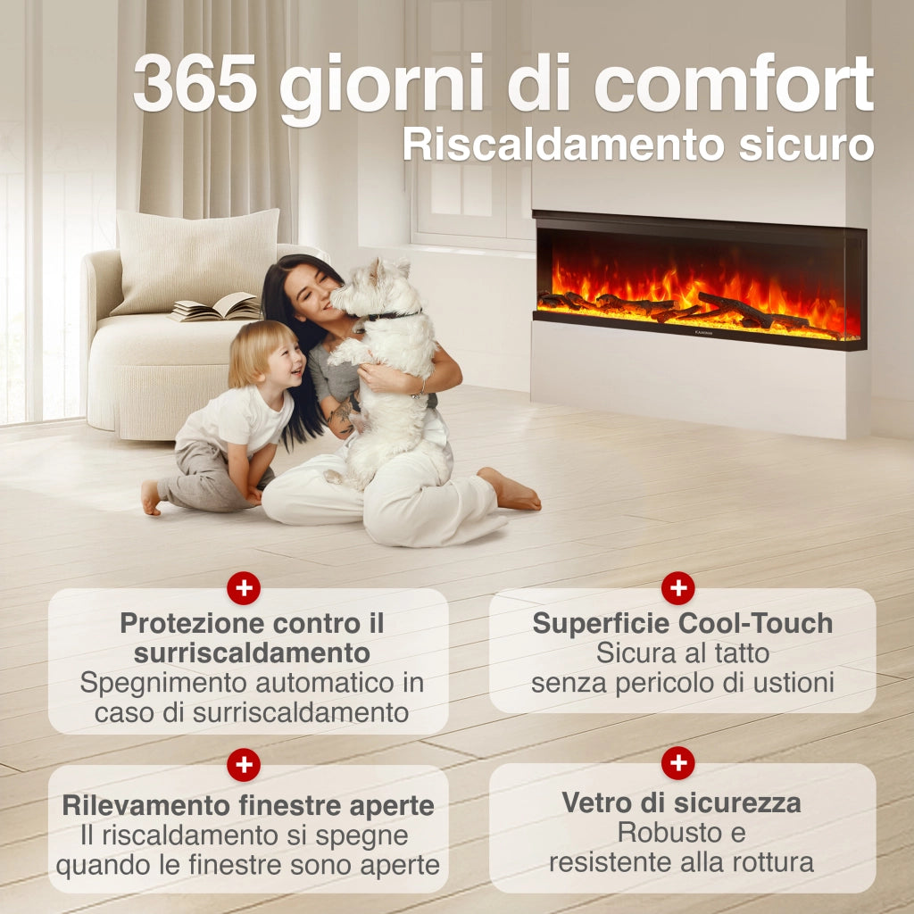 KAMINIO Camino elettrico LEA - Camino 3 in 1 con vista panoramica, riscaldamento, effetto fiamma, 12 colori delle fiamme, telecomando - 60 pollici