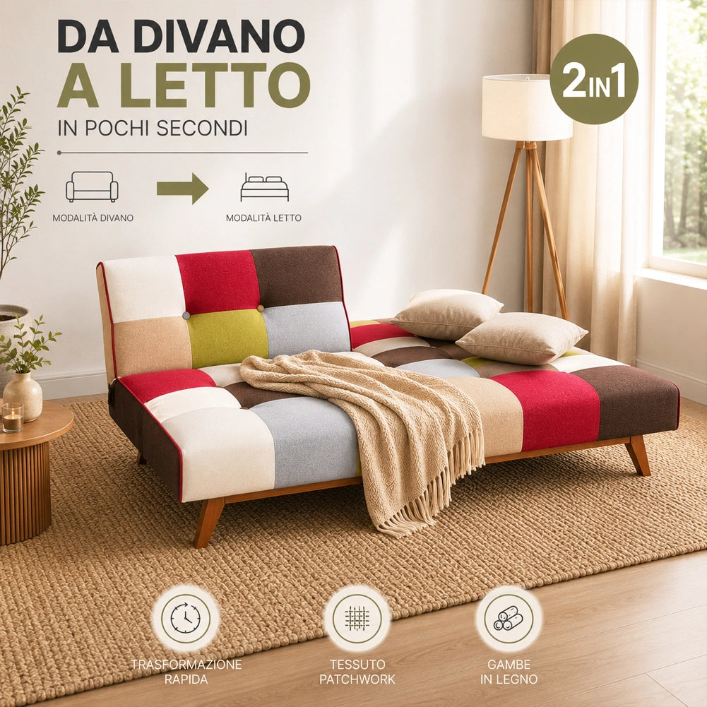 Divano Letto in Tessuto Patchwork Imbottito Gambe in Legno Schienale Reclinabile