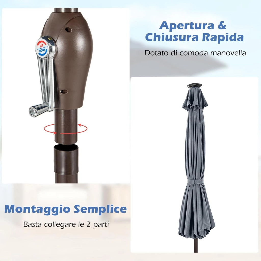 Ombrellone da Giardino da 300 cm, Parasole per Esterno con 24 Luci LED, con 8 Stecche in Metallo, Manovella e Inclinazione Regolabile, per Giardino, Coltile, Piscina (Grigio)