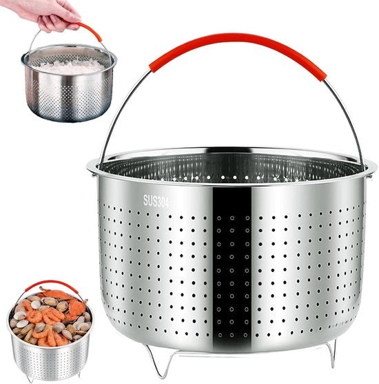 Accessorio per stufato, stufatore in acciaio inossidabile 304 con maniglia in silicone, diametro esterno 21,6 cm, contenitore da cucina, per la cottura al vapore di verdure e uova, 6 l