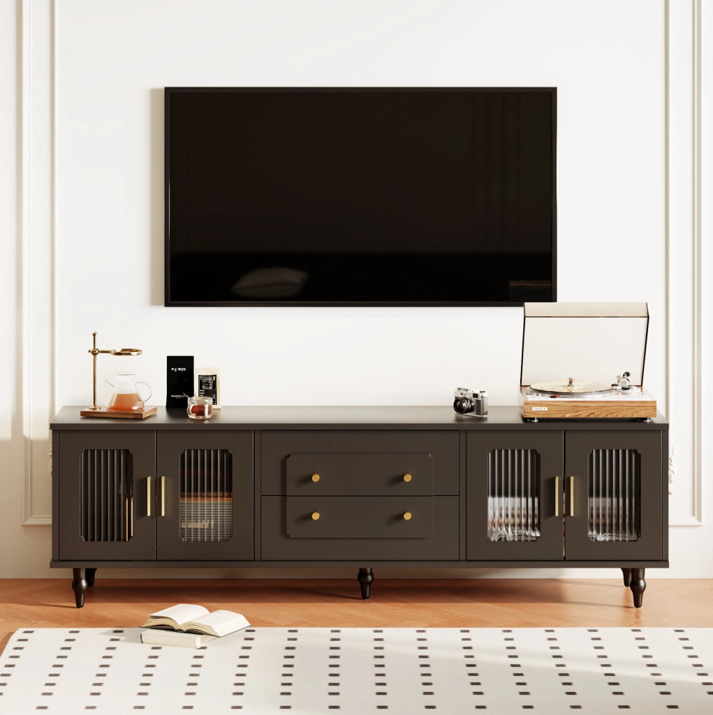 Mobile TV nero 177x38x55,5 cm con 4 ante in vetro rigato e cassetti push-to-open