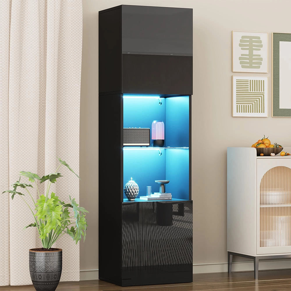 Armadio vetrina nero brillante - Xylo - 45*35*160 cm - Illuminazione LED, ripiano in vetro