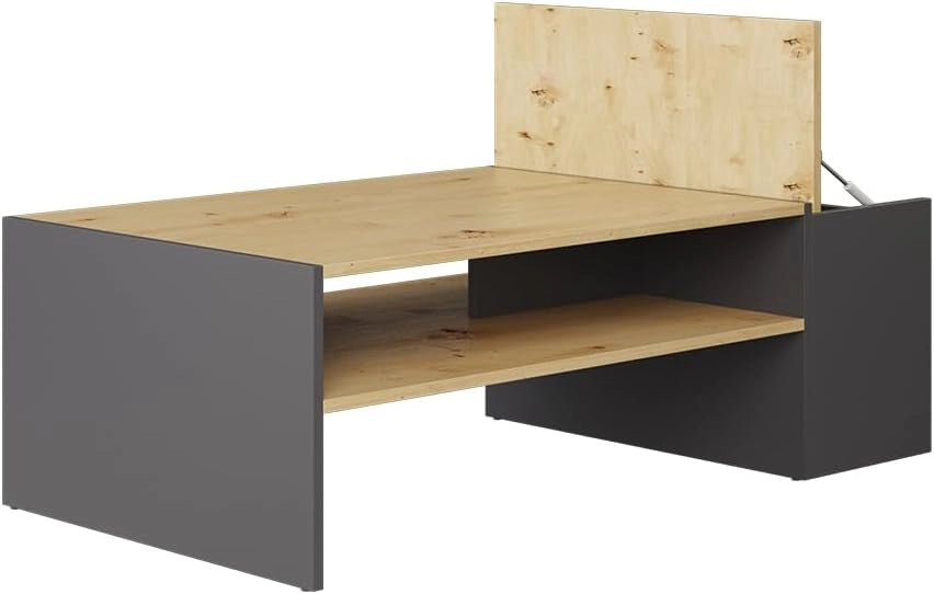 Tavolino da salotto Rubby, Rovere artigianale/bianco, 110 x 60 cm, con ripiano per la conservazione di riviste e accessori