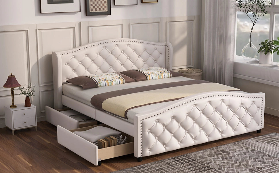DESMIU Lit Double 140 × 200 cm con 2 cassetti, testiera capitonnè, senza materasso, in PU, bianco