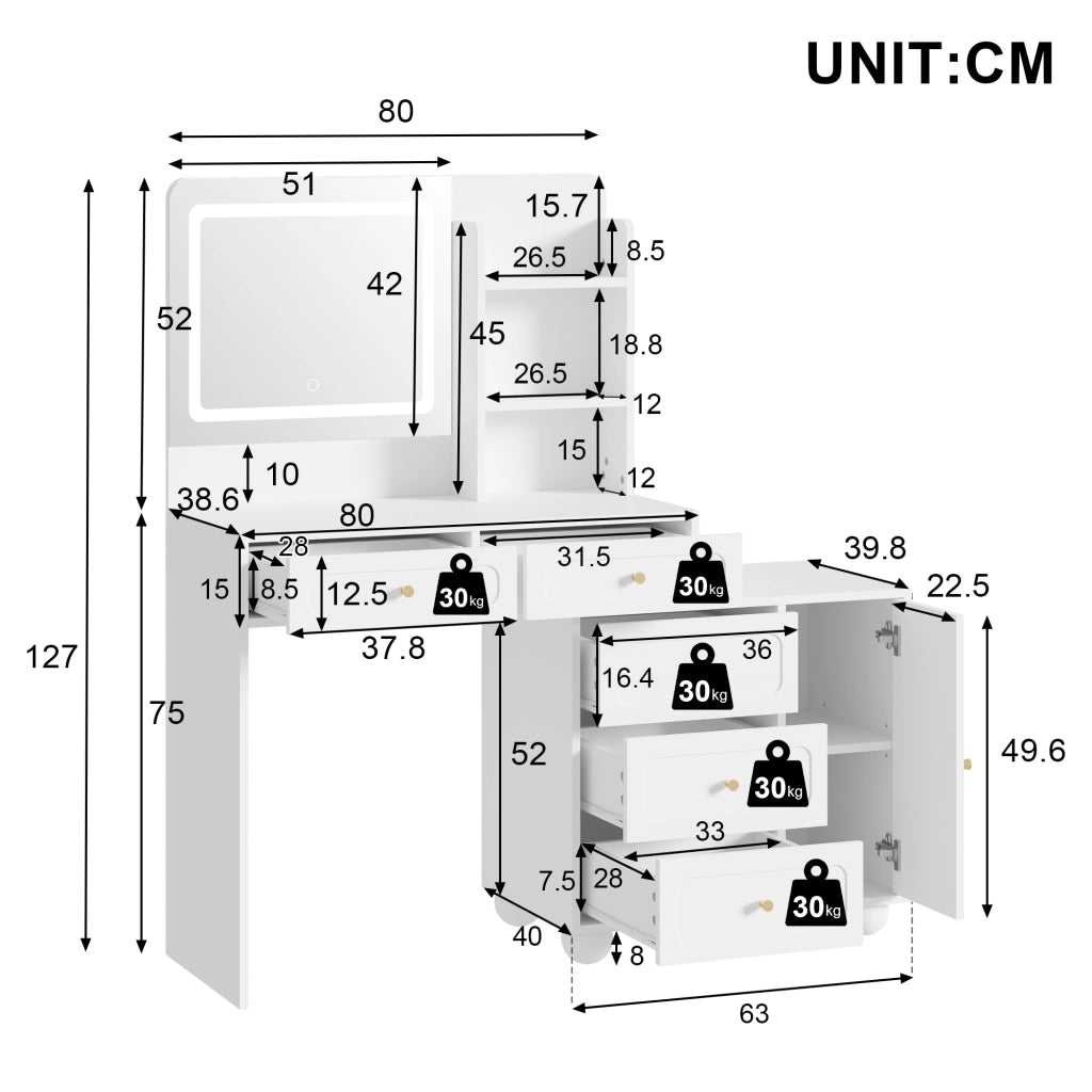 Tavolo da trucco bianco con specchio HD, 5 cassetti, 1 anta, 3 vani a giorno e illuminazione LED a 3 modalit¨¤