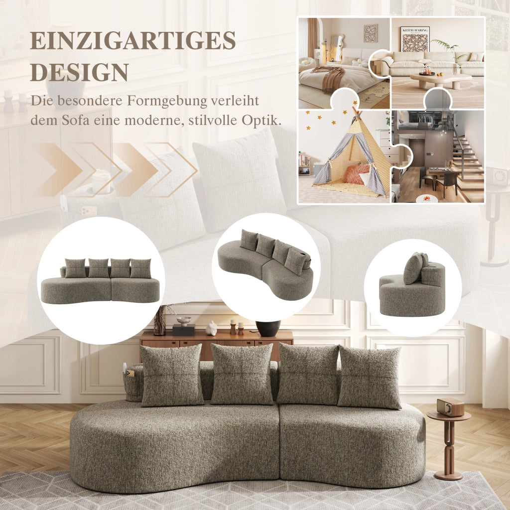 Divano in lino con portabicchieri, tasche laterali e 4 cuscini, seduta ampia e comfort quotidiano, khaki