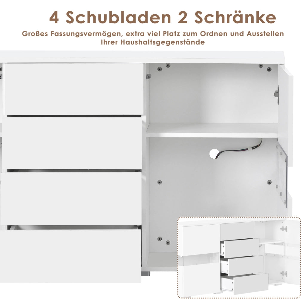Credenza bianca lucida con LED e 4 cassetti