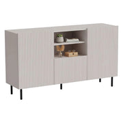 Credenza Malo, Madia da salotto con due ante battenti, un cassetto e due vani aperti, Design con effetto cannettato, 150x42 h82 cm, Beige