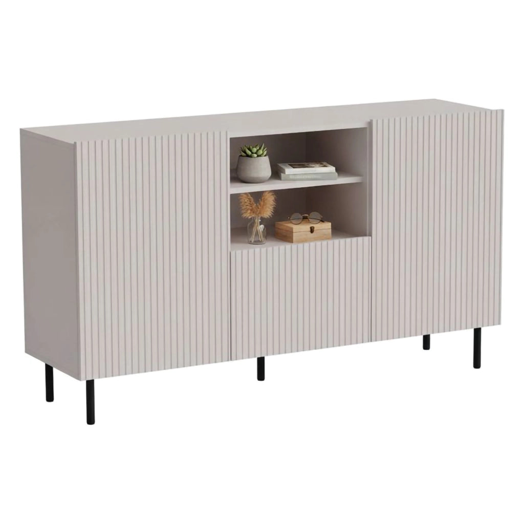 Credenza Malo, Madia da salotto con due ante battenti, un cassetto e due vani aperti, Design con effetto cannettato, 150x42 h82 cm, Beige