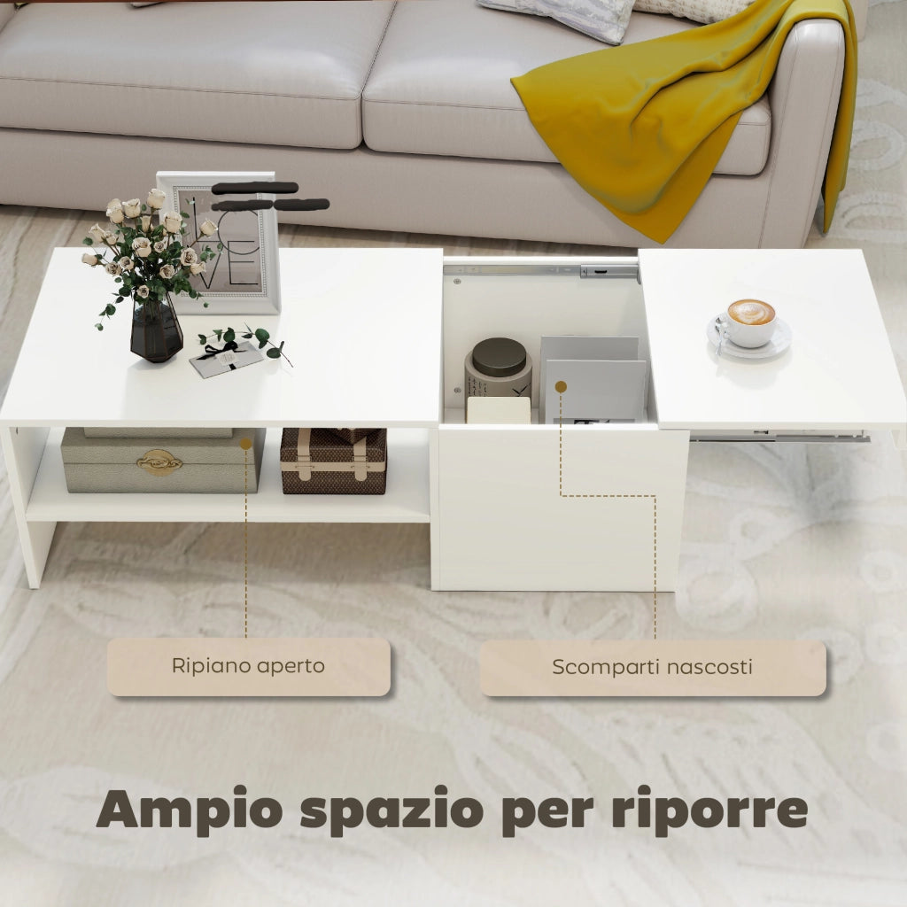 Tavolino da Caffè 110x52x36 cm con Piano Scorrevole e Ripiano Aperto e a Scomparsa in Legno Bianco