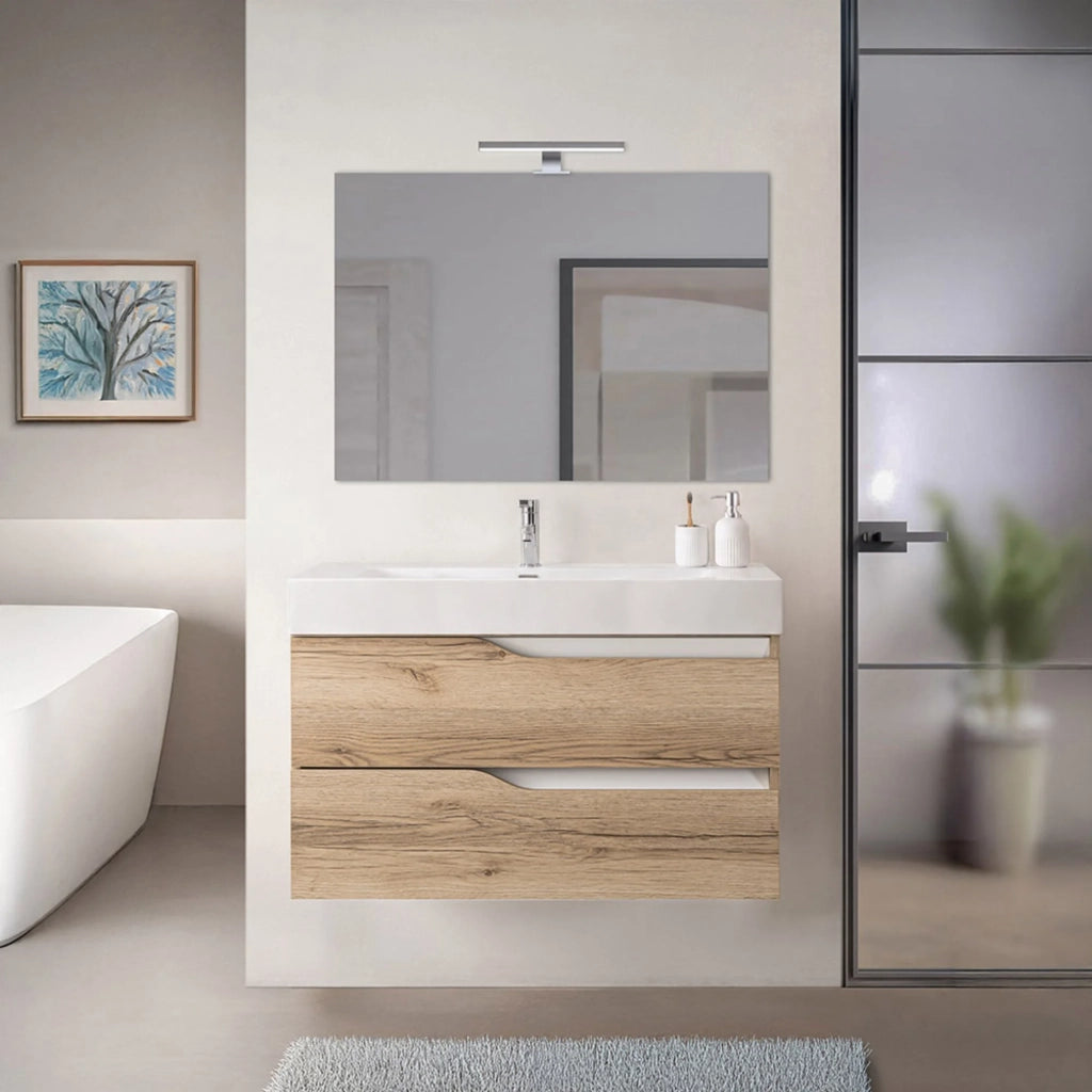 Mobile bagno sospeso 100cm quercia e bianco con lavabo in resina Sumya