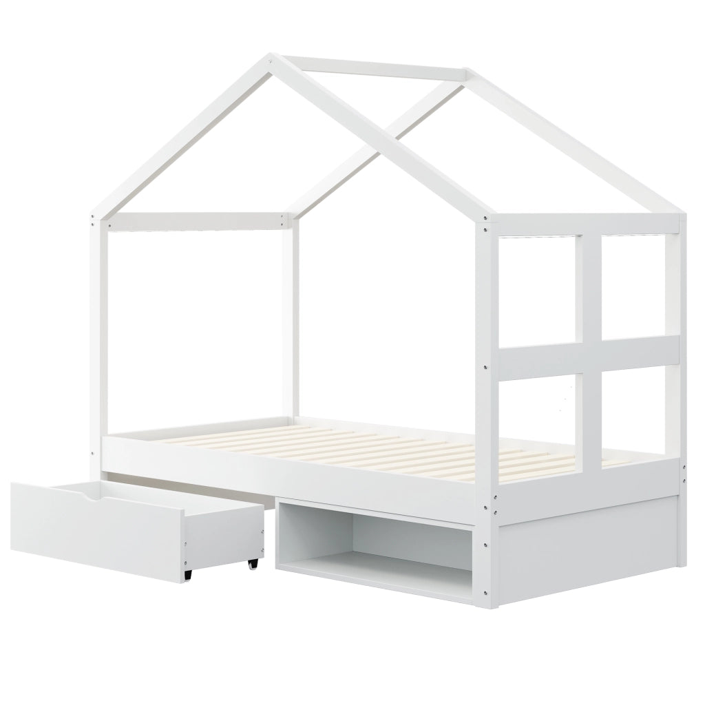 Letto bianco in legno 90×190 cm; cassetti; armadietto per scarpe; telaio a stecche a LED multicolore; letto singolo per giovani