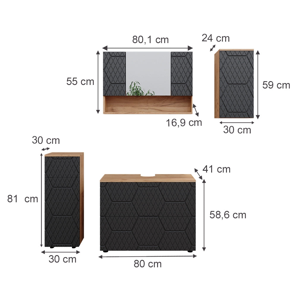 Vicco Set mobili bagno Antracite con struttura a nido d'ape 4 parti