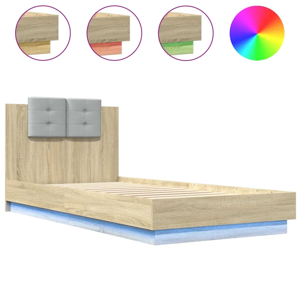 Letto singolo | Letto per adulti | Giroletto con Testiera e LED Rovere Sonoma 90x200 cm
