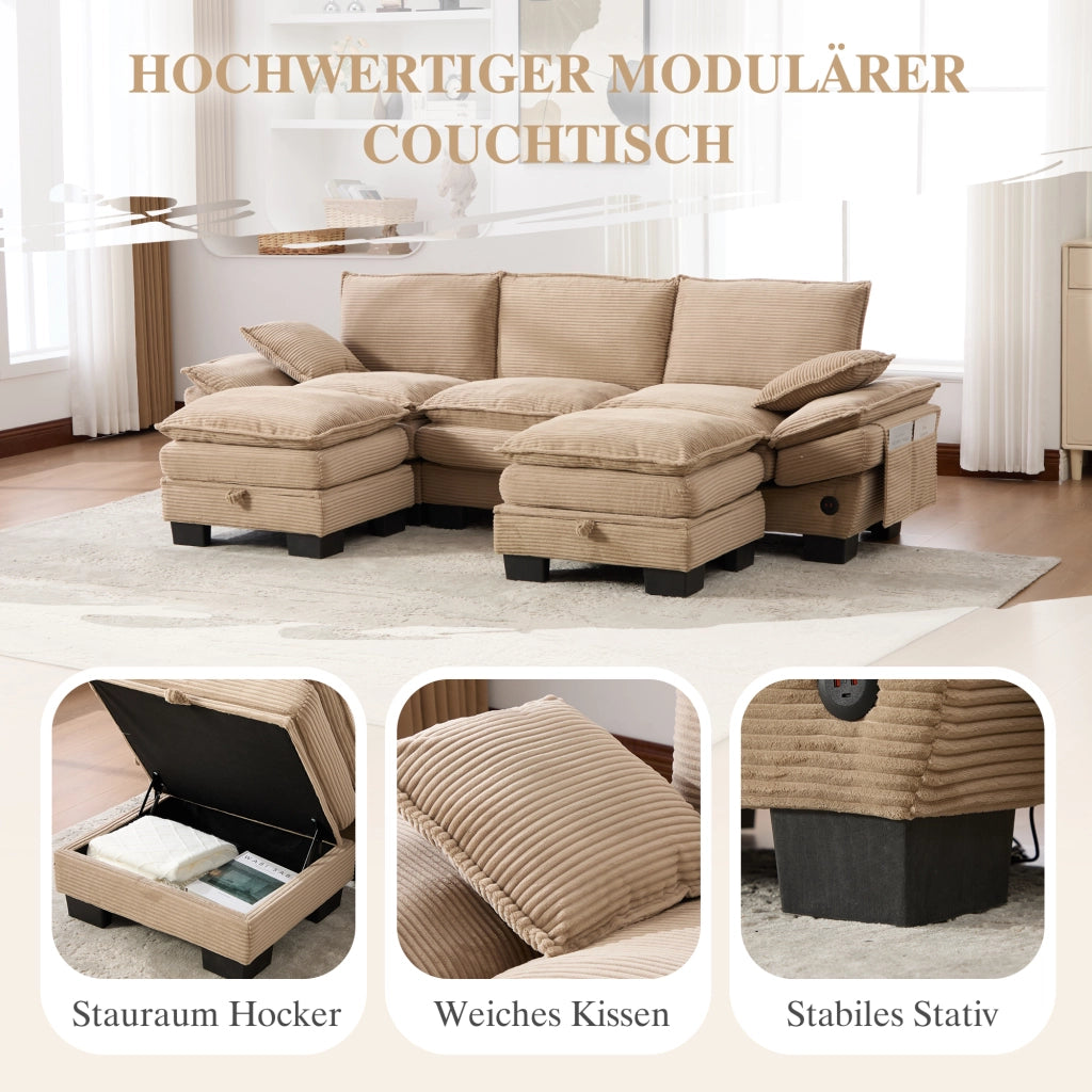 DIVANO 3 posti modulare 260x132x84 cm in corduroy khaki con 2 pouf