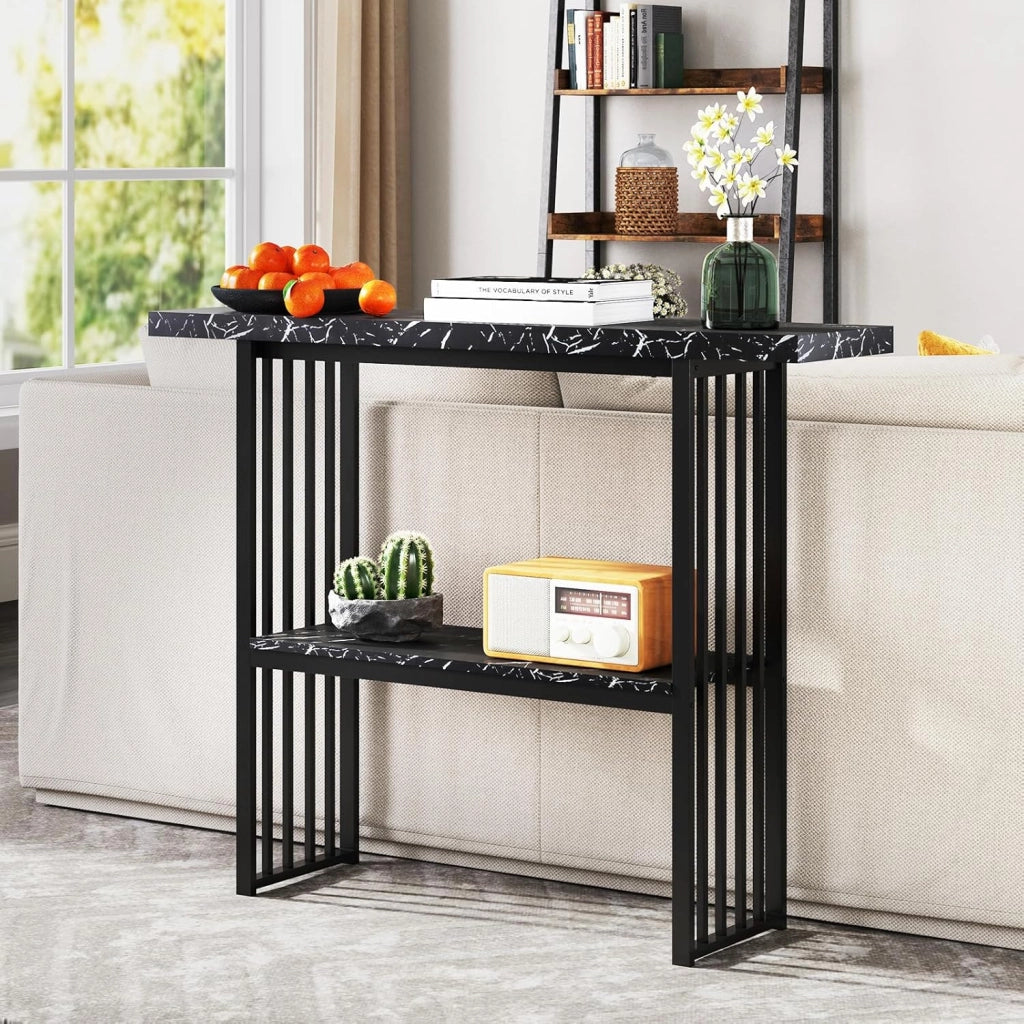 Tavolo da Ingresso Stretto e Compatto, Tavolo da Divano in Finto Marmo con Struttura in Acciaio, Consolle Moderno per Salotto e Corridoio, 120 x 29,5 x 92,5 cm (Nero)