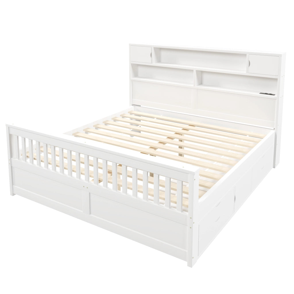LETTO con testiera libreria 180x200 cm Bianco con 4 cassetti e LED