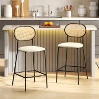 Set di 2 Sgabelli Alti da Cucina con Schienale in Rattan Seduta in PU Struttura in Acciaio e Poggiapiedi Beige