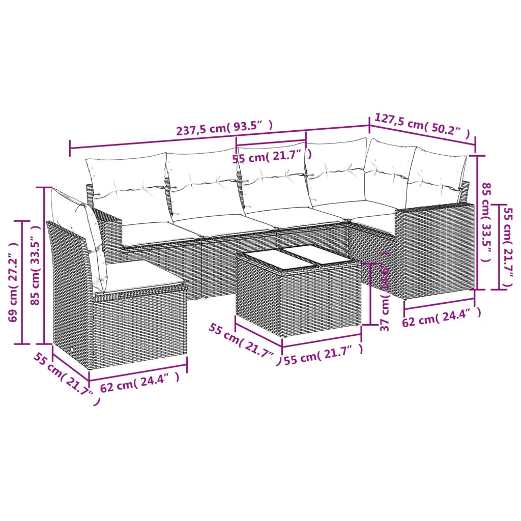Set Divani da Giardino 7pz con Cuscini Grigio Chiaro Polyrattan