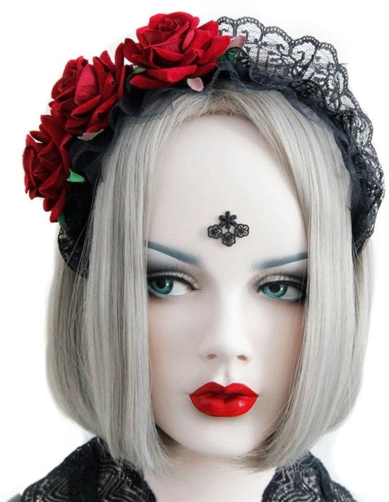 Benda per Capelli con Corona di Rose - Cintura per la Testa per Halloween - Benda Gotica - Accessori per Costumi - Decorazione per Festival - Disegno di Tessuto Nero