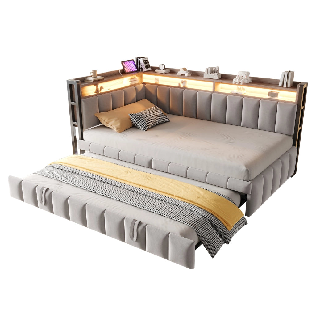 Divano letto estraibile ULEVR 90x200 cm con LED, USB e Type-C, vani portaoggetti, velluto grigio chiaro