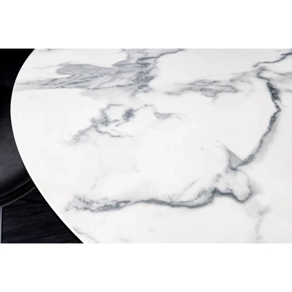 Tavolo da pranzo BAUMA 120 cm – Piano rotondo in ceramica effetto marmo bianco e gambe in metallo – Stile moderno chic