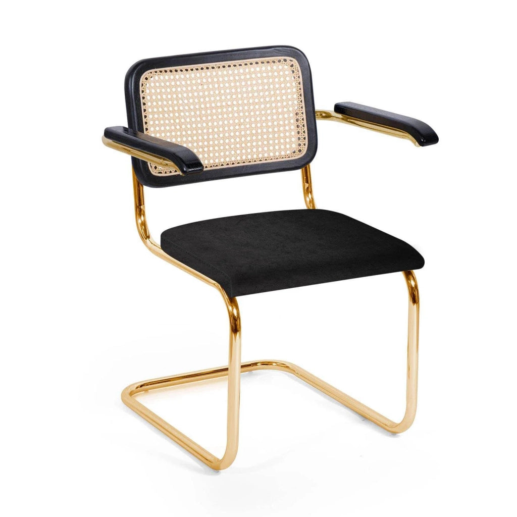 LÚZETE - SILLA WEBSTER CON REPOSABRAZOS NEGRA RATTAN NATURAL PATAS DORADAS