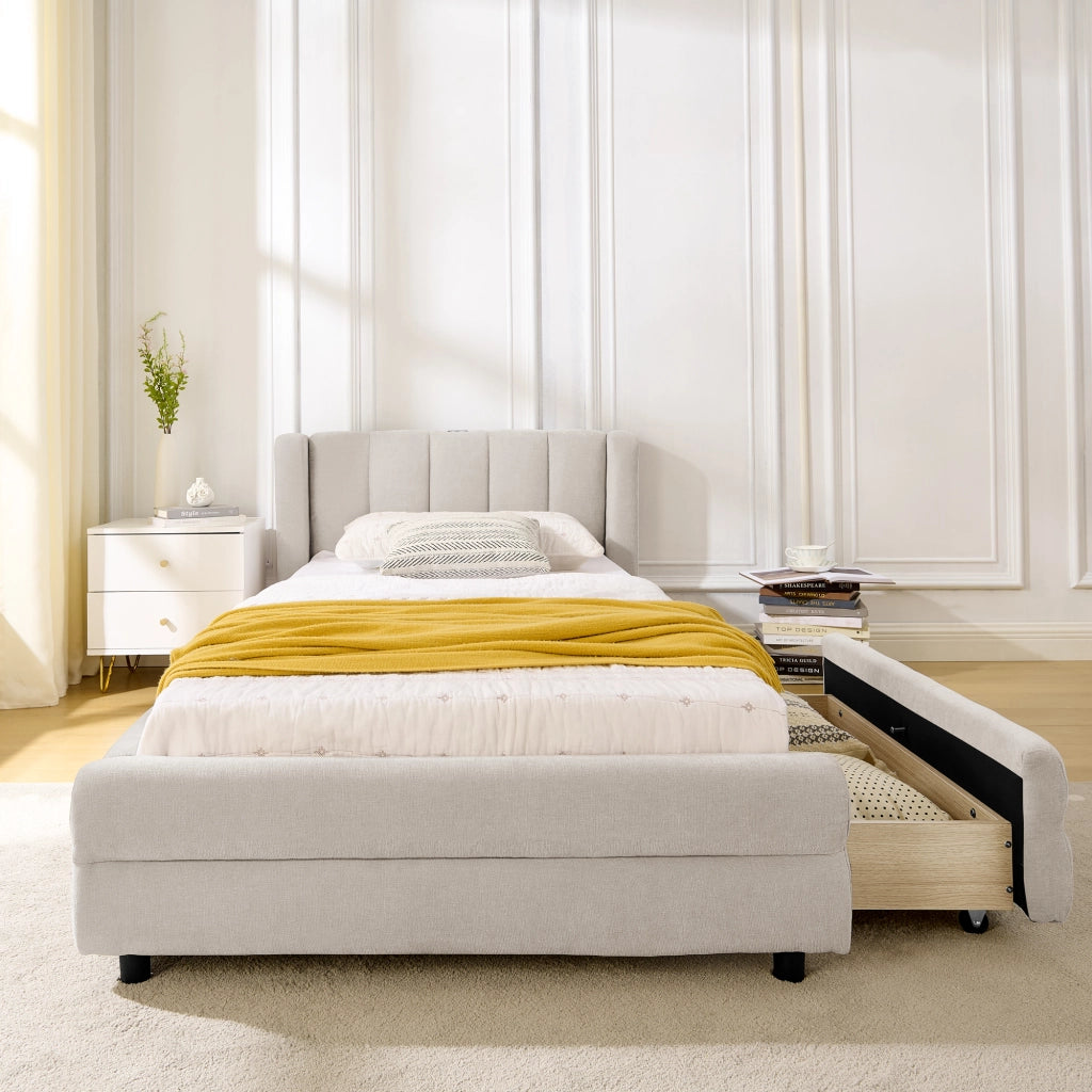 Letto singolo in Chenille beige 90x200 vani laterali USB ergonomico