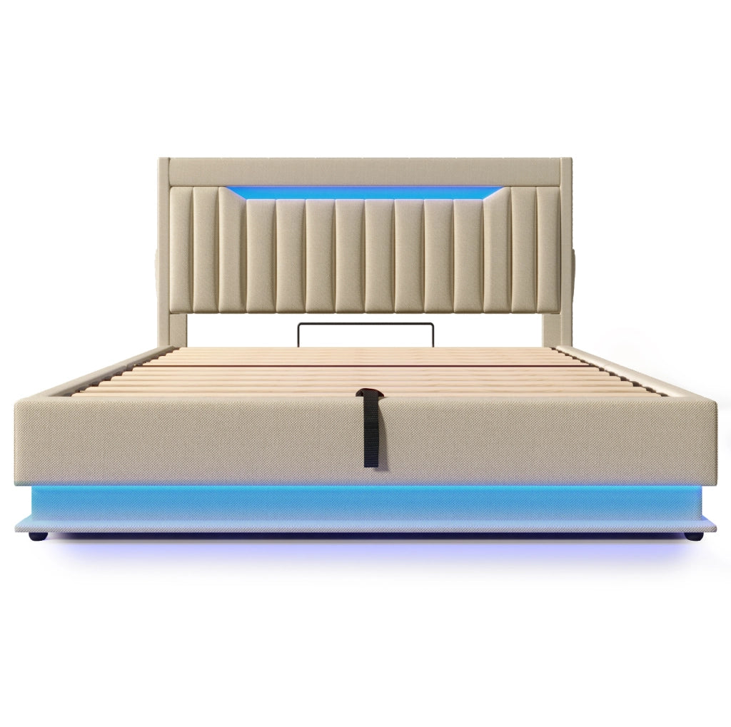 Letto matrimoniale 160x200 cm in lino beige con LED; USB e vano contenitore idraulico