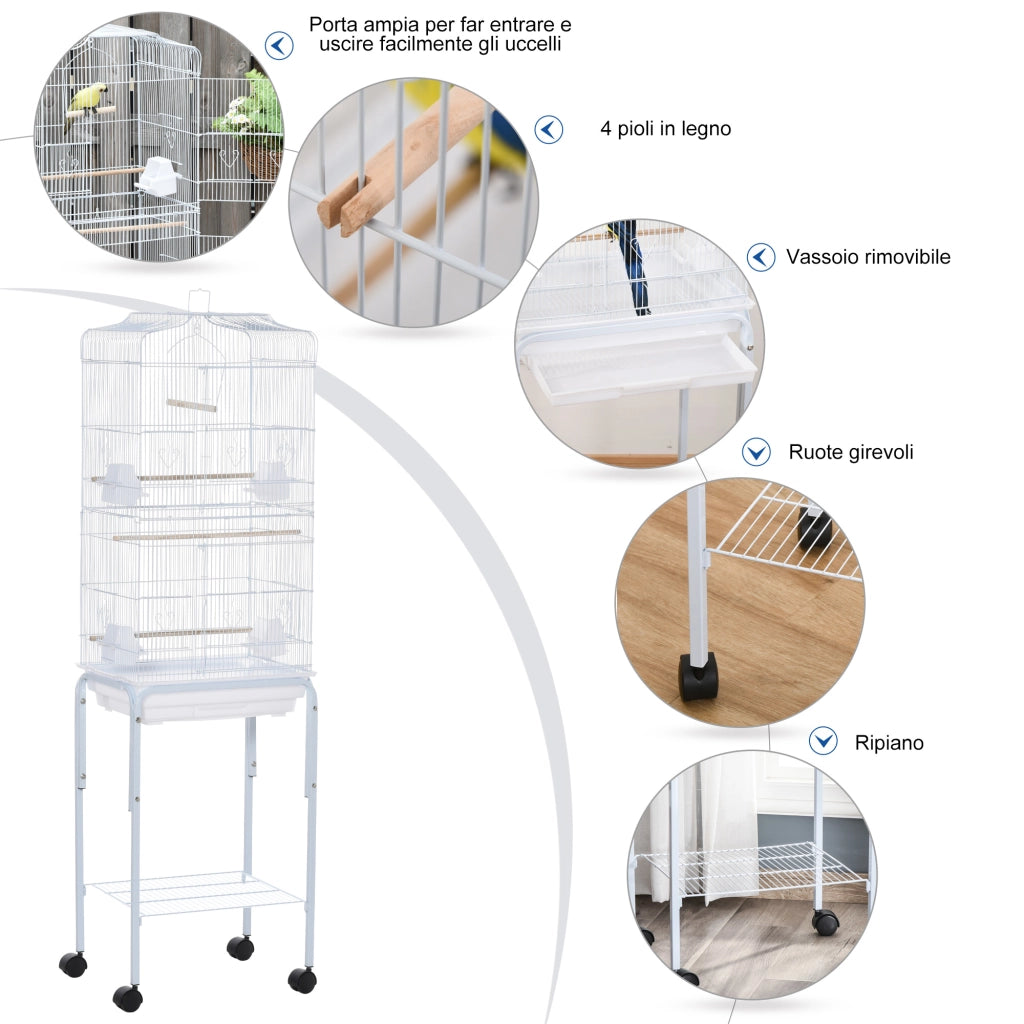 Voliera per Uccelli ¨C Xylo ¨C Metallo con Ruote, Trespoli e Ciotole, 46.5x36x157cm, Bianco