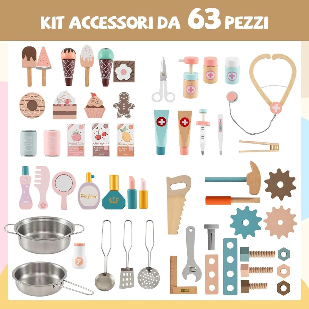 5 in 1 Pannello Sensoriale in Legno per Bambini, Busy Board con Vanity, Cassetta degli Attrezzi, Cucina Giocattolo, Kit del Dottore e Bar, Giocattolo Montessori per Sala Giochi e Asilo