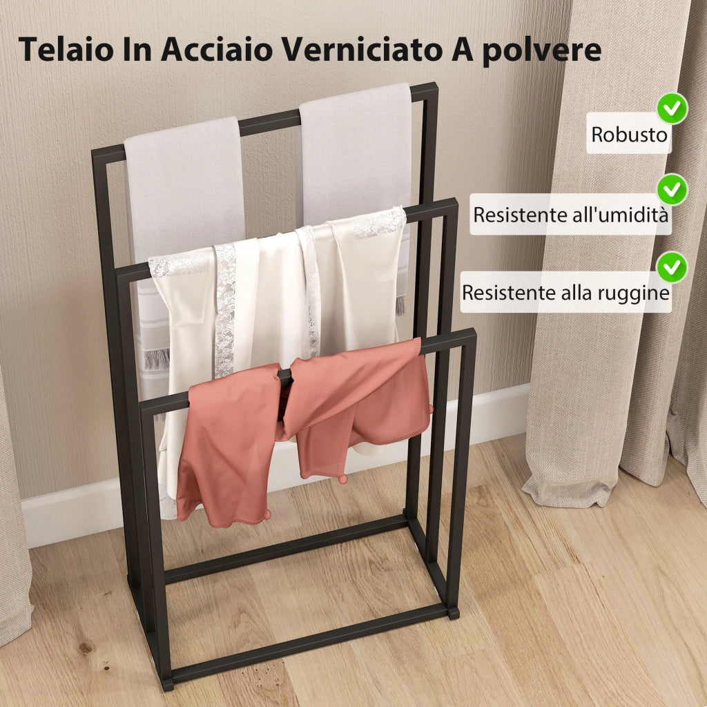 Portasciugamani da Terra a 3 Bracci Autoportante 45x21.5x85 cm in Acciaio Nero
