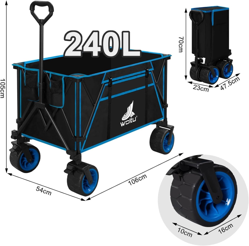 Carrello Pieghevole con Ruote da Spiaggia, Carrello da Giardino, Campeggio, Viaggio, Spesa, Borsa di Trasporto, Oxford+Acciaio, Nero+Blu