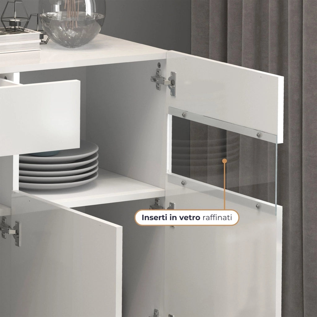 WHOUS Credenza Potenza con 4 ante e 1 cassetto bianco lucido 173x40x81,5 cm