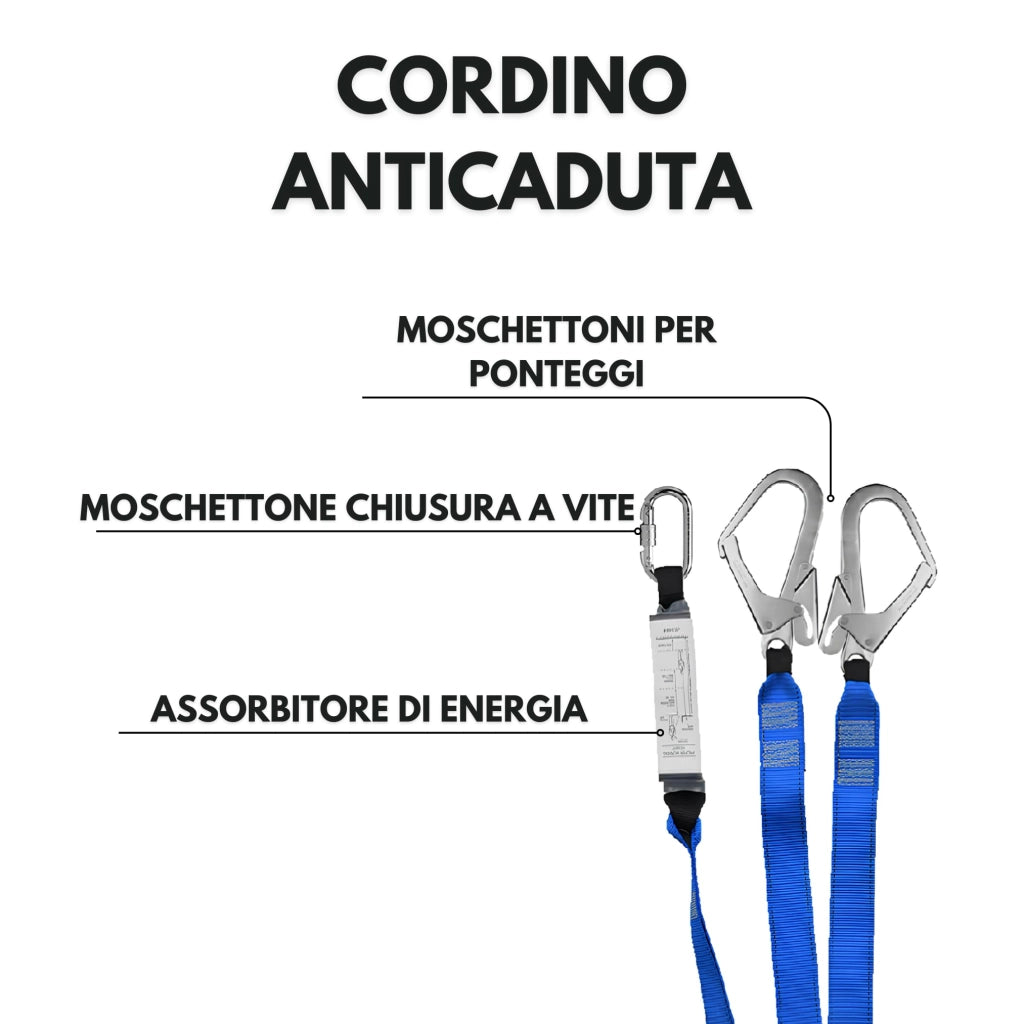 Cordino a Forcella a Vite in Acciaio con Assorbitore Energia, Sicurezza per Ponteggi con 2 Moschettoni Apertura 55 mm