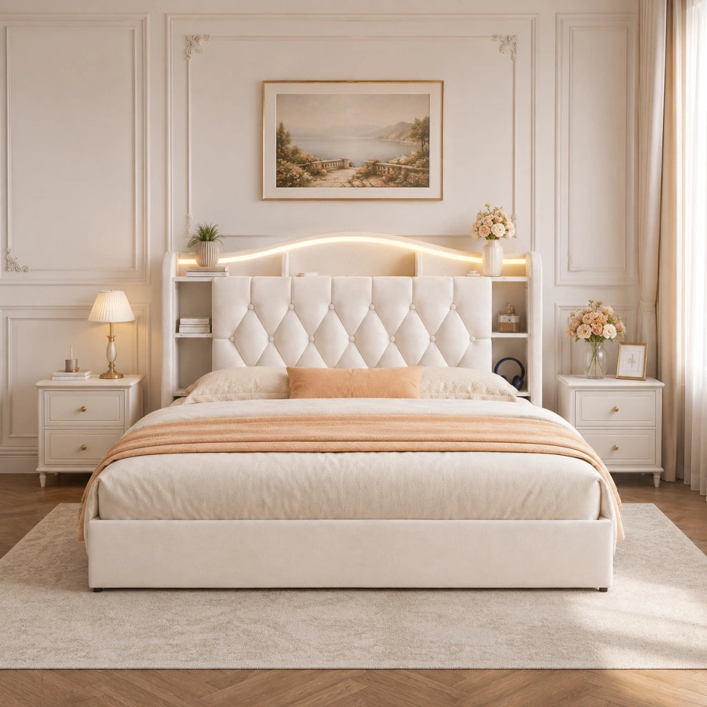 Letto a molle a sollevamento idraulico, testiera velluto beige, con luci LED RGB, stazioni di ricarica USB e wireless, scomparti porta oggetti, 160x190 cm