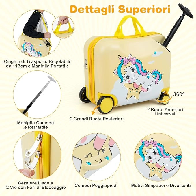 Valigia Cavalcabile per Bambini, 18" Valigia+ 12" Zaino,2 Pezzi, Trolley Bambini Bagaglio a Mano con Ruote Girevoli e Maniglia Retrattile, 2 Cingie Multiuso (Modello 3)