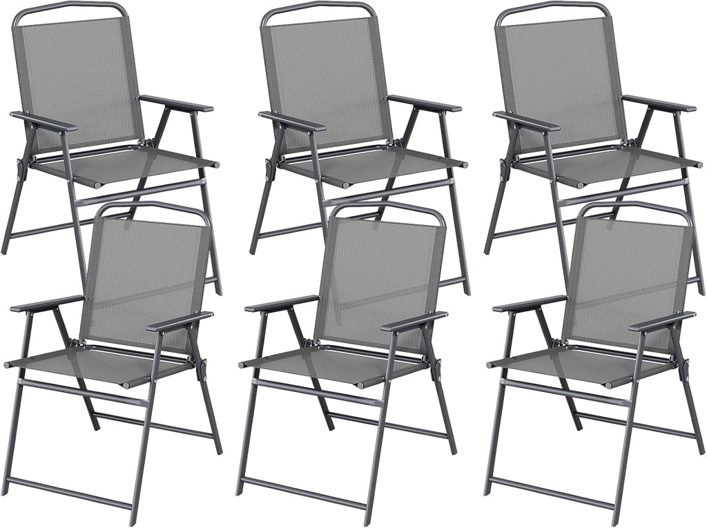 Set di 6 sedie da giardino pieghevoli con schienale, braccioli, sedie da terrazza, sedie da pranzo, fino a 150 kg, sedia pieghevole per campeggio, spiaggia, giardino, piscina, terrazza, grigio