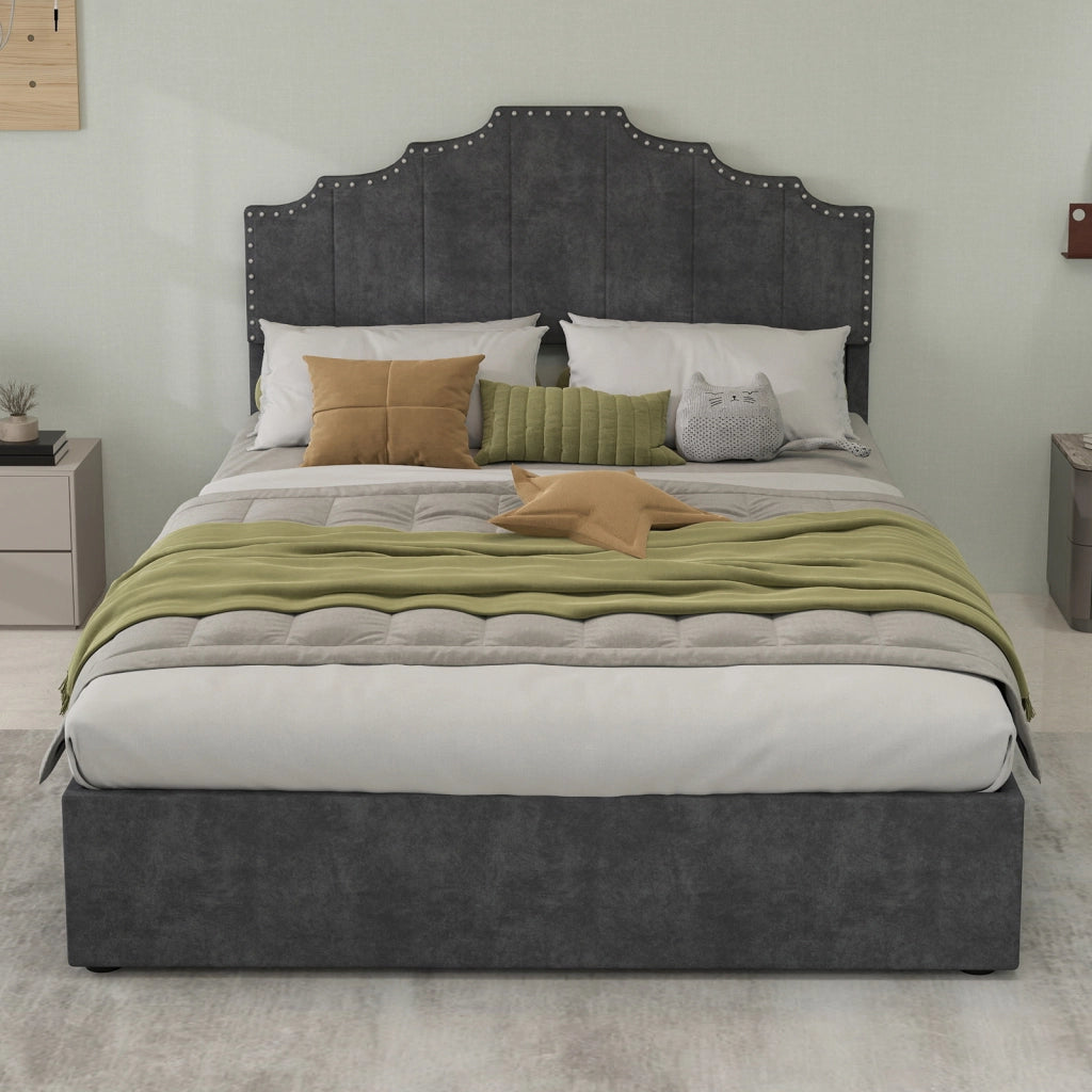 Letto Matrimoniale 140x200 cm; Letto con Materasso; Testiera Geometrica in Velluto Grigio