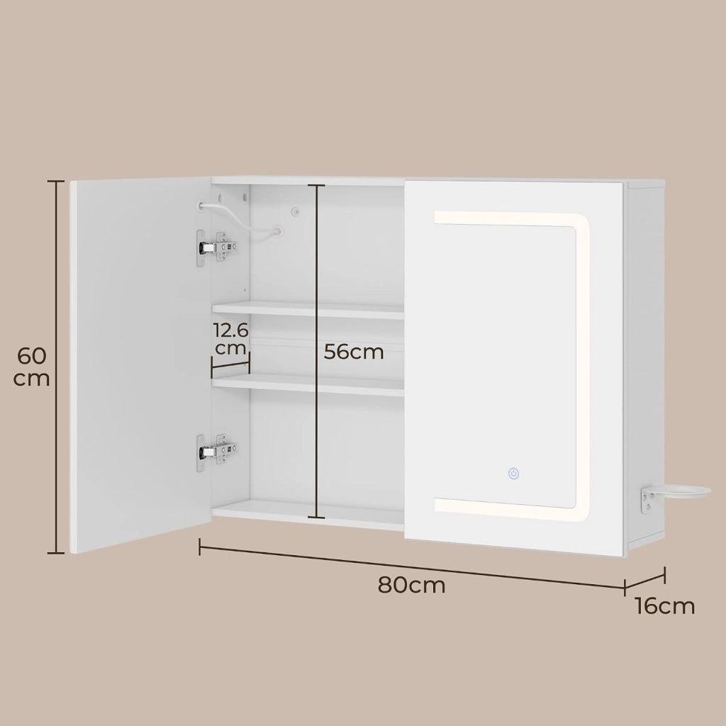 Armadio da bagno da, con specchio e illuminazione a LED, dimmerabile, con sensore di contatto, presa elettrica, ripiani regolabili, doppia porta in MDF di alta qualità, bianco (60 x 80