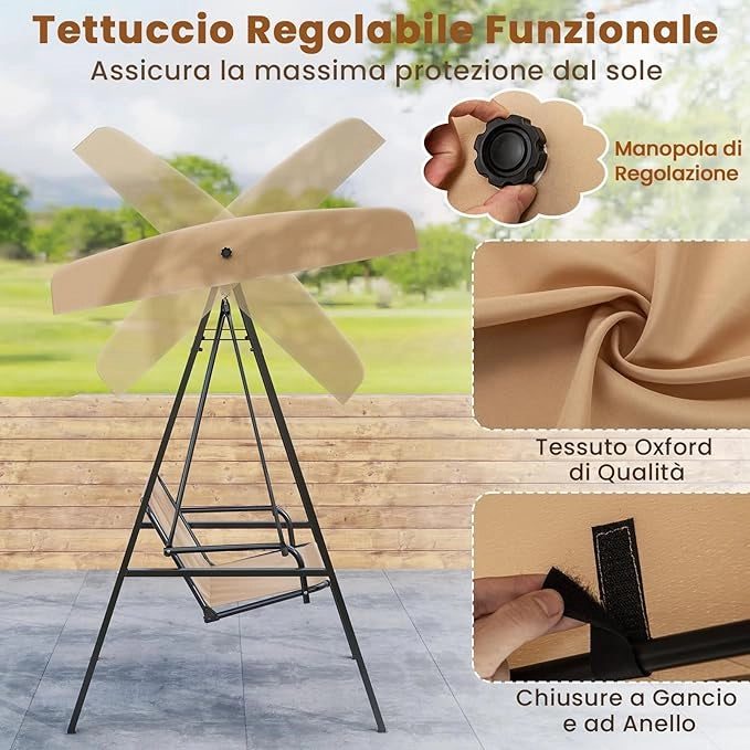 Altalena da Esterno per 2 Persone, Divano a Dondolo con Telaio in Metallo e Tettuccio Regolabile, Altalena con Cuscini per Veranda, Giardino, Cortile, Portata 300 kg