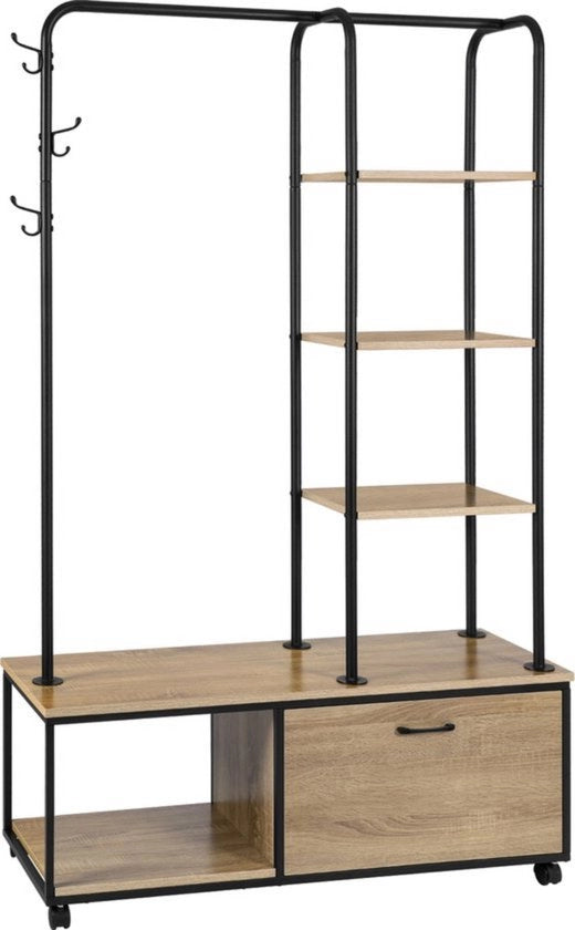 Rack per abiti con cassettone per scarpe - spaziale e stile - costruzione robusta - soluzione di archiviazione pratica - legno di quercia chiaro/nero - 110x37,5x160 cm