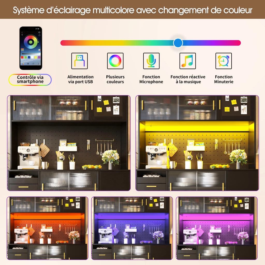 Credenza e madia con LED smart, vani aperti e cassetti, per cucina e sala da pranzo, nero, 140 × 40 × 180 cm