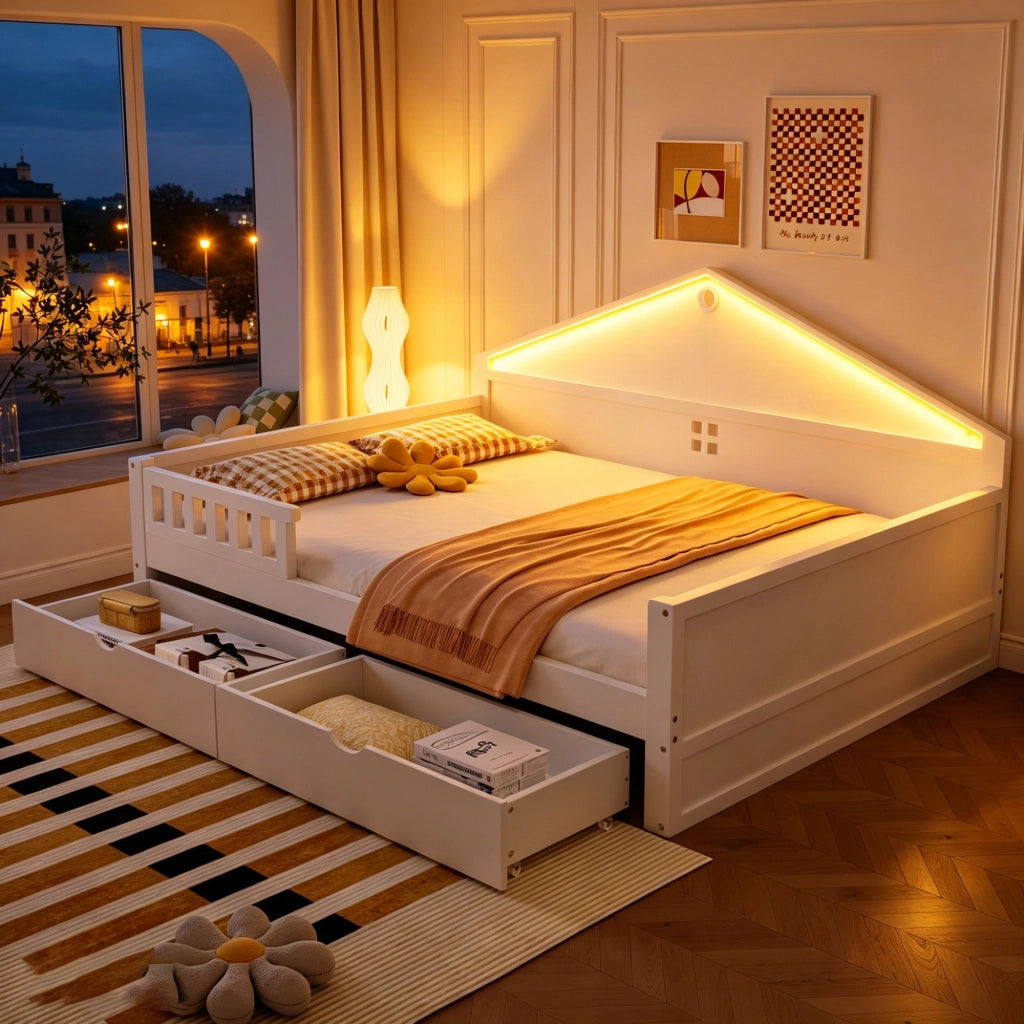 Letto singolo con LED e cassetti, 140x200 cm, bianco
