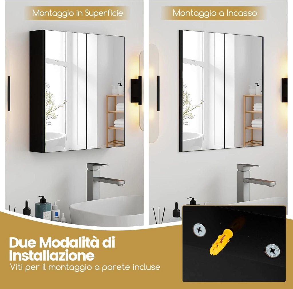 Armadietto da Bagno con Specchio a 2 Ante, Mobiletto da Parete Pensile con Mensola Regolabile, Mobile Bagno Sospeso con Specchiera 65 x 62 x 11 cm (Nero)