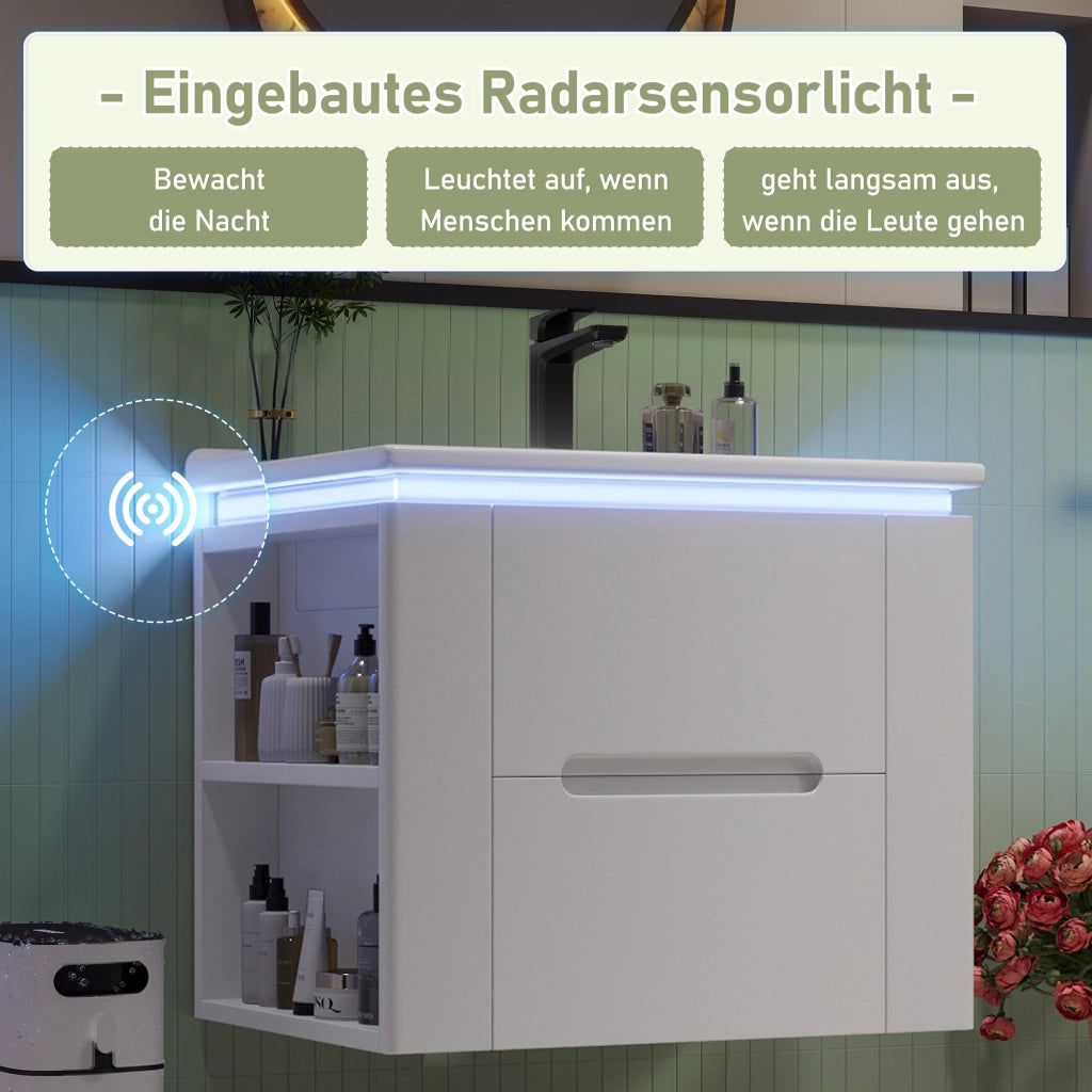 Mobile sottolavabo con 2 cassetti e illuminazione LED a sensore radar; sospeso; lavandino in ceramica integrato; bagno; bianco; 61 Ã— 46 Ã— 48.5 cm
