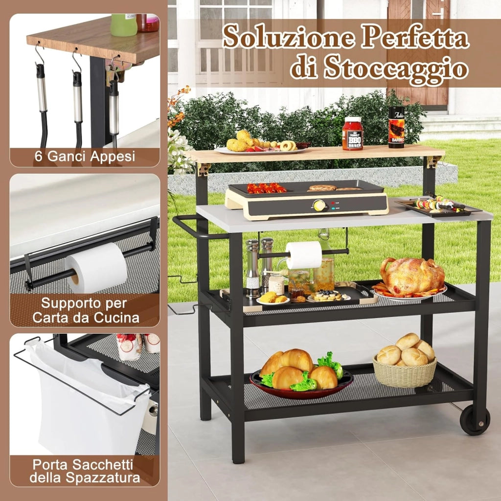 Carrello per Barbecue con 3 Ripiani e Tavola Ribaltabile, Carrello da Cucina con Ruote e 6 Ganci, Carrello Porta Griglia Multiuso in Ferro Zincato, per Interno ed Esterno, 116 x 55 x 130 cm