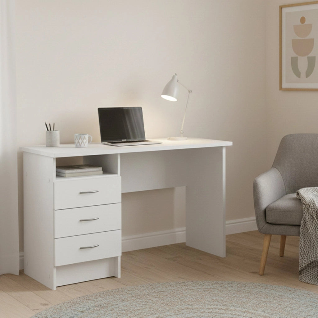 Scrivania lineare con tre Andre, colore bianco, Misure 120 x 72 x 48 cm