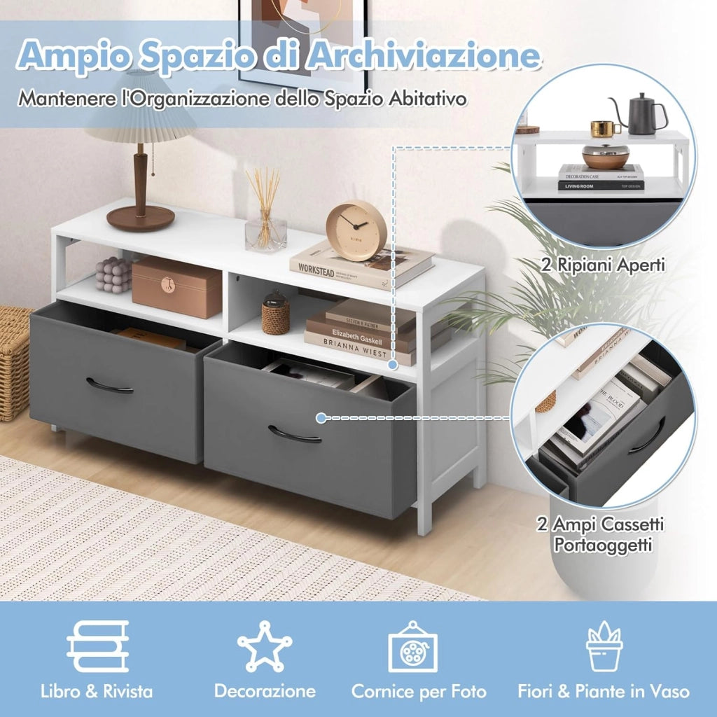Cassettiera in Tessuto, Cassettiera con 2 Cassetti e 2 Ripiani Aperti, con Contenitori in Tessuto e Ampio Piano, per Camere da letto, Soggiorno e Ingresso, 100 x 30 x 53 cm
