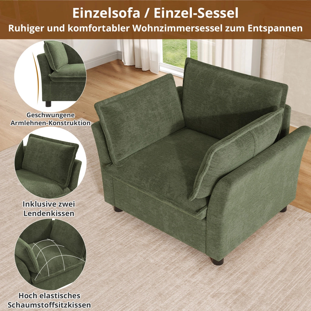 Divano modulare 3 posti con 2 poltrone in chenille con cuscini e struttura in metallo verde 220 × 81 × 87 cm